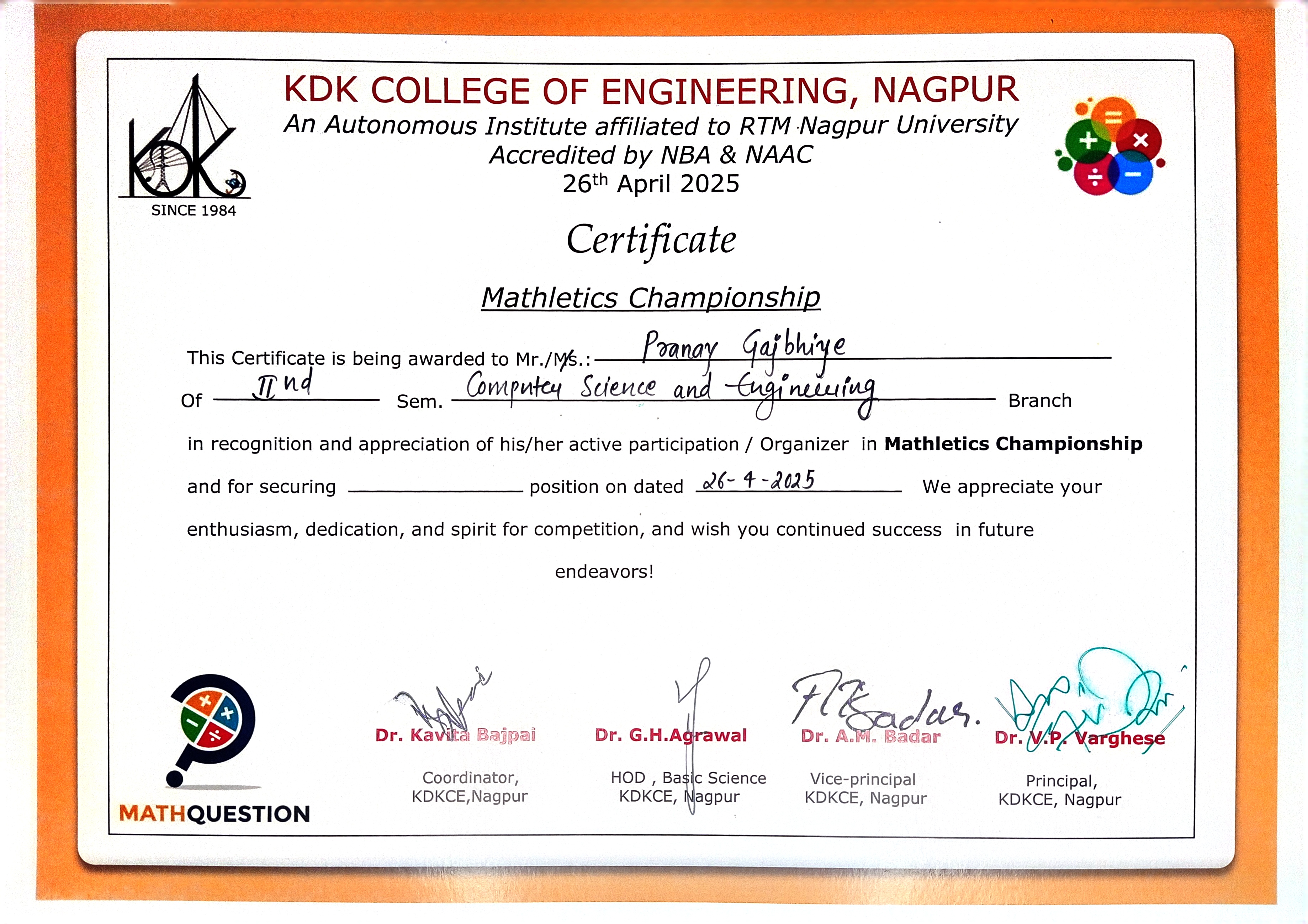 KDK Mathematics Competition 2 Certificate